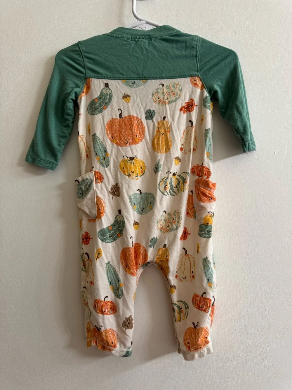 Angel Dear Fall Print One-Piece Romper in Green and Cream